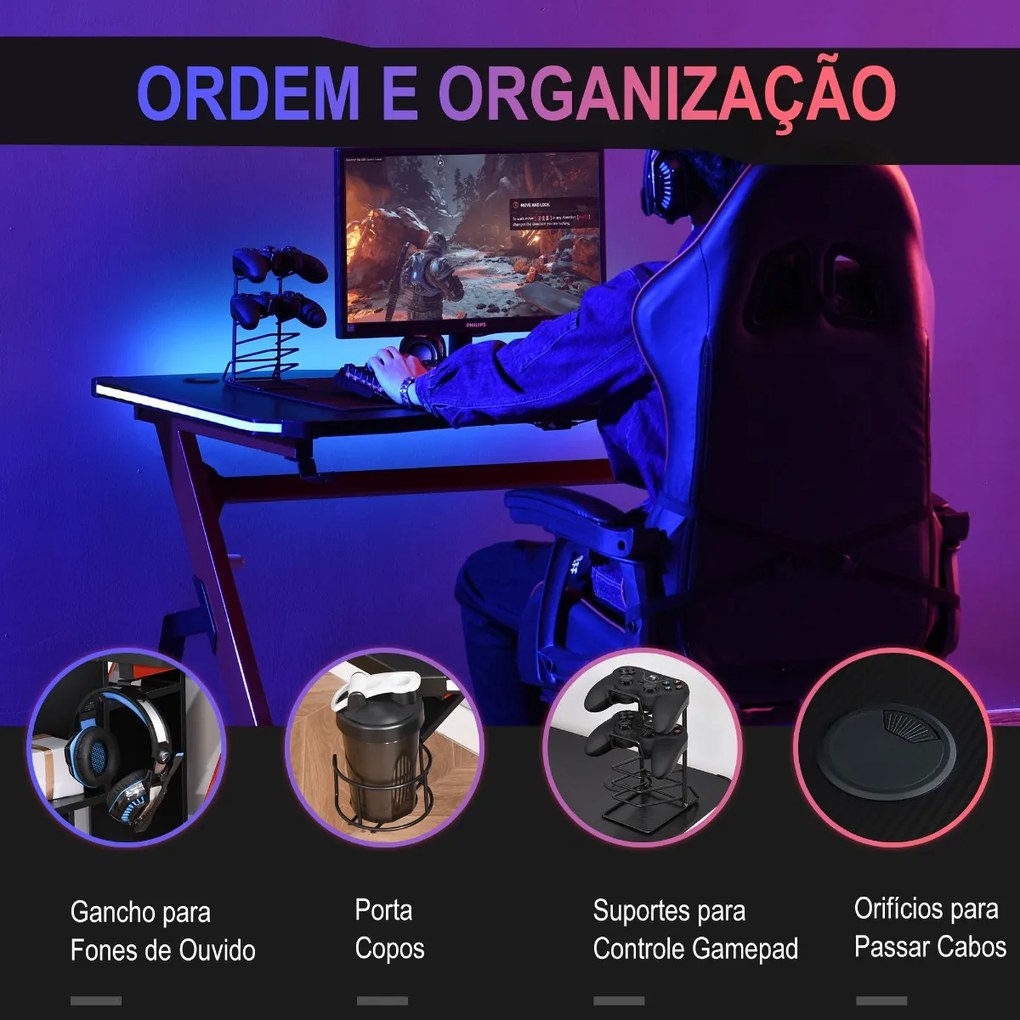 Mesa de Gaming com LED RGB Secretária de Computador com Porta Copos Gancho para Fone de Ouvido Suporte para Controle Gamepad e Luz com Controle Remoto