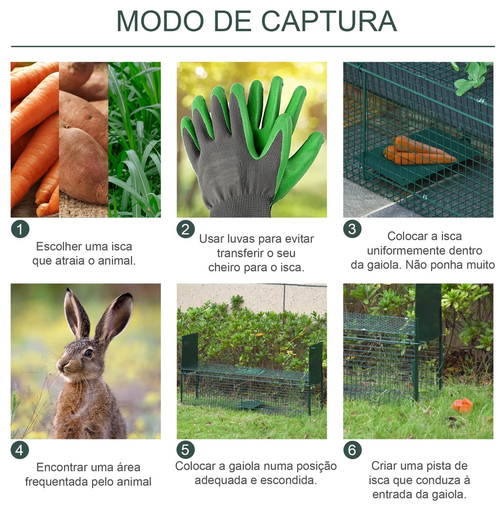 Armadilha para Animais Vivos com Porta Gaiola de Captura com Alça de Transporte para Coelhos 80x25x30cm Verde Escuro