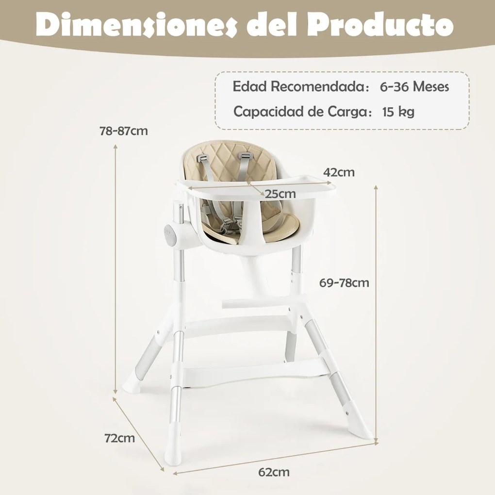 Cadeira Refeição bebés alta conversível 4 em 1 com altura ajustável em 5 posições Bandeja removível e lavável Almofada removível 62 x 72 x 87 cm Bege
