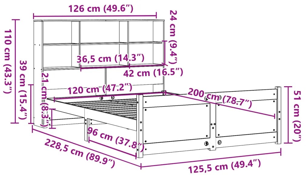 Cama com estante sem colchão 120x200 cm pinho maciço branco