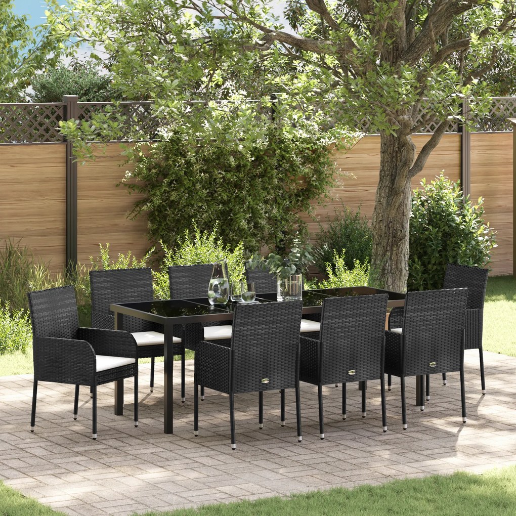 vidaXL Conjunto de Jantar de Jardim de 9 Peças com Almofadas Pretas em Rattan Poliéster