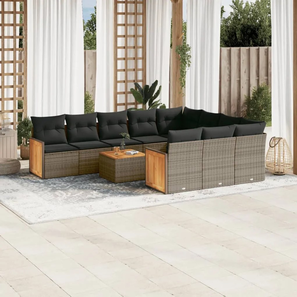 11 pcs conjunto sofás de jardim c/ almofadões vime PE cinzento
