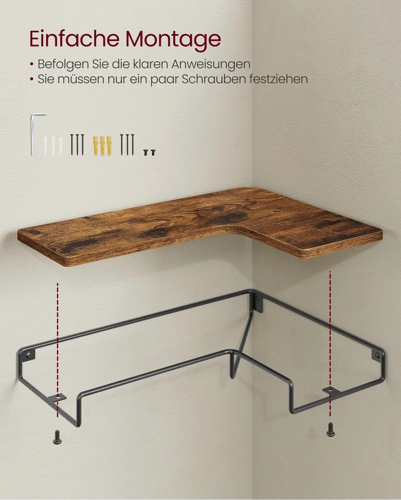 Conjunto de 3 prateleiras de parede em forma de L com design industrial em castanho vintage