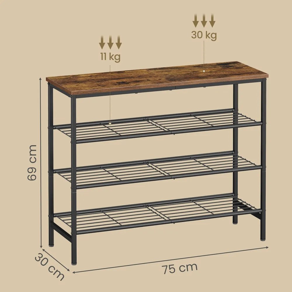 Sapateira, Estante para sapatos em metal com 3 prateleiras 30 x 75 x 50,5 cm castanho-preto
