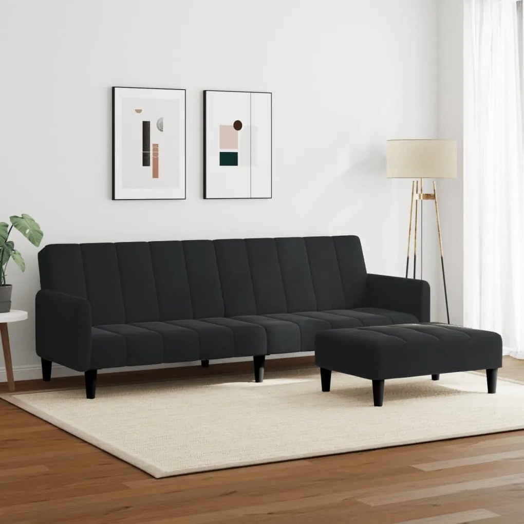 Sofá-cama 2 lugares c/ apoio de pés veludo preto