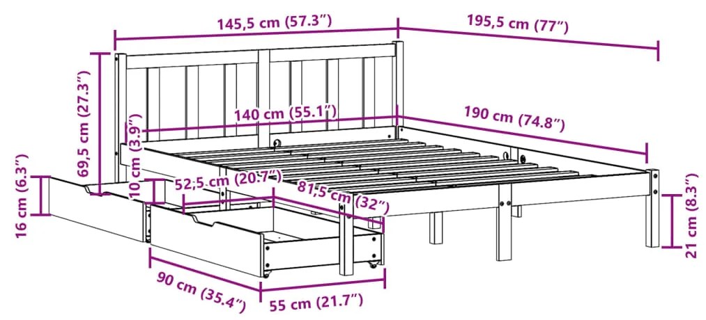 Cama sem colchão 140x190 cm madeira de pinho maciça