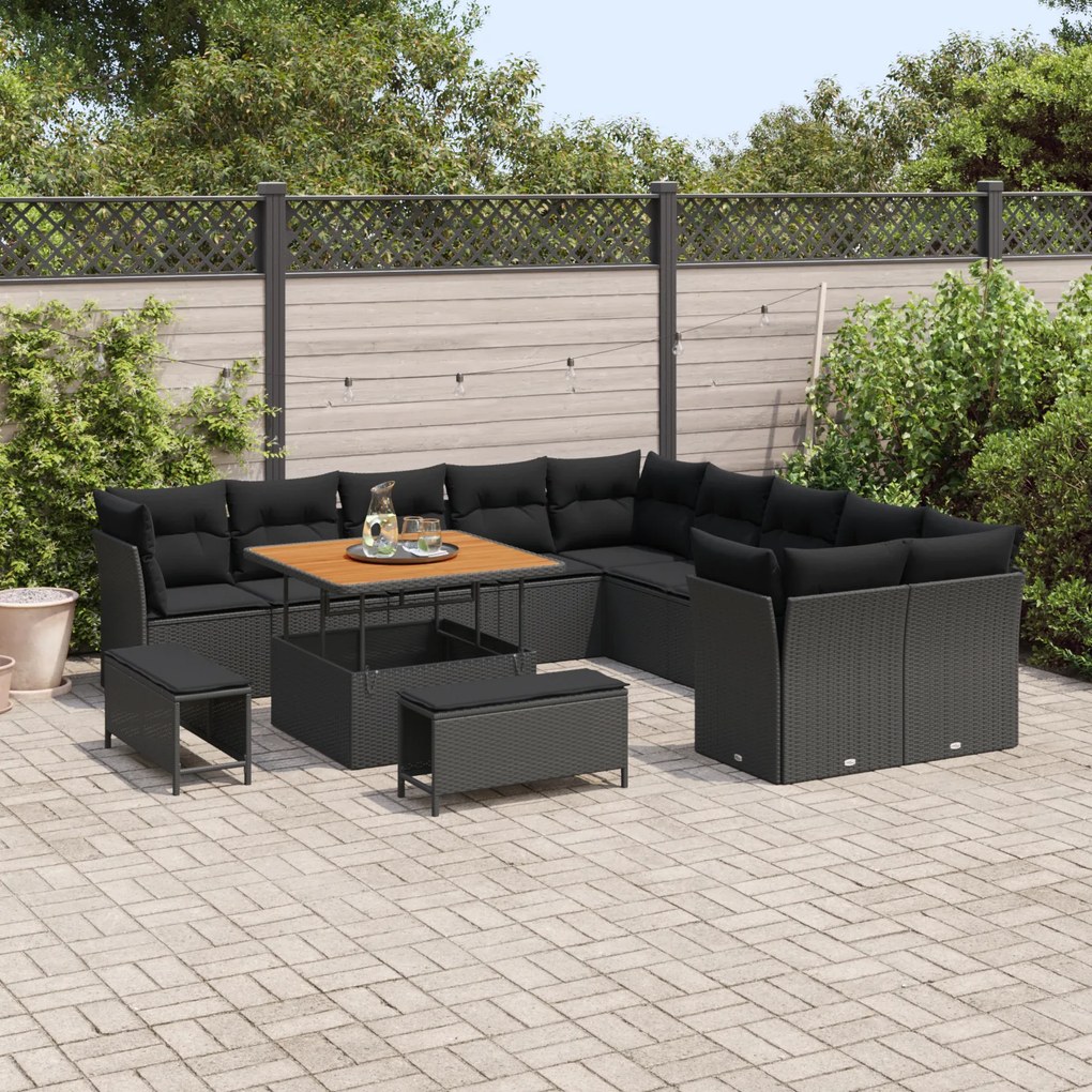 Conjunto de Sofá de Jardim vidaXL com Almofadas Pretas de Rattan Sinté