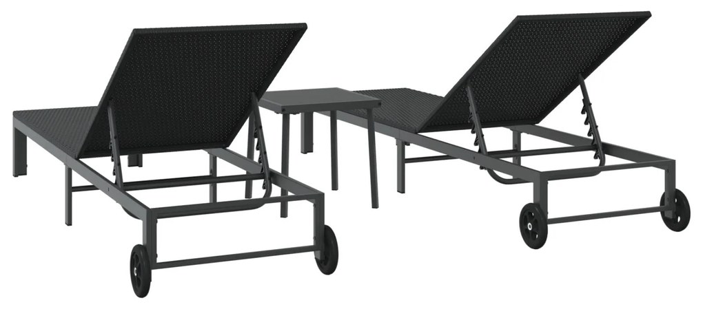 Espreguiçadeiras 2 pcs com Rodas e Mesa em Rattan Preto