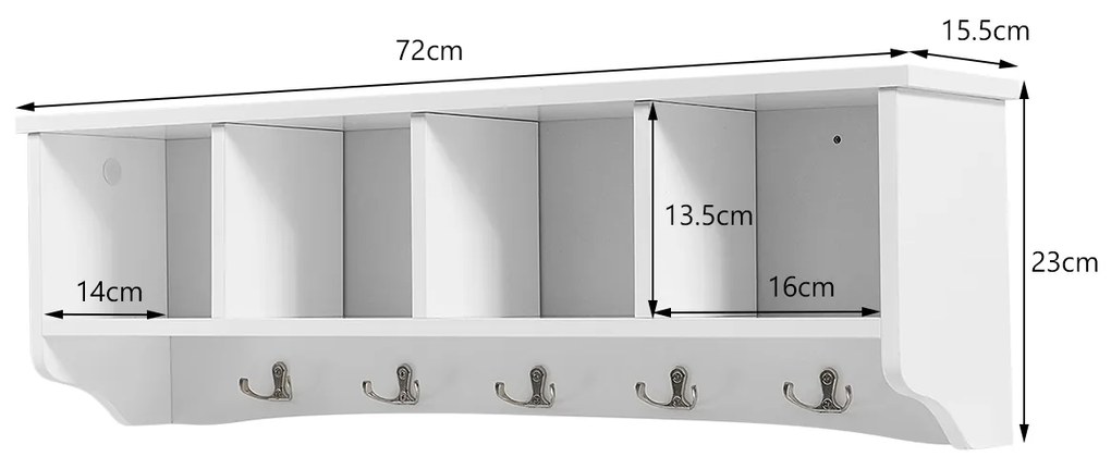 Cabide Armário de entrada de parede com 4 compartimentos e 5 ganchos duplos 72 x 15,5 x 23 cm Branco