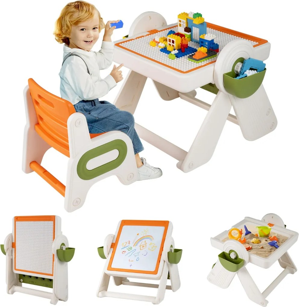 Conjunto de mesa e cadeira para crianças 6 em 1 Multi-atividade Cavalete dobrável para crianças com superfície reversível e ranhura laranja
