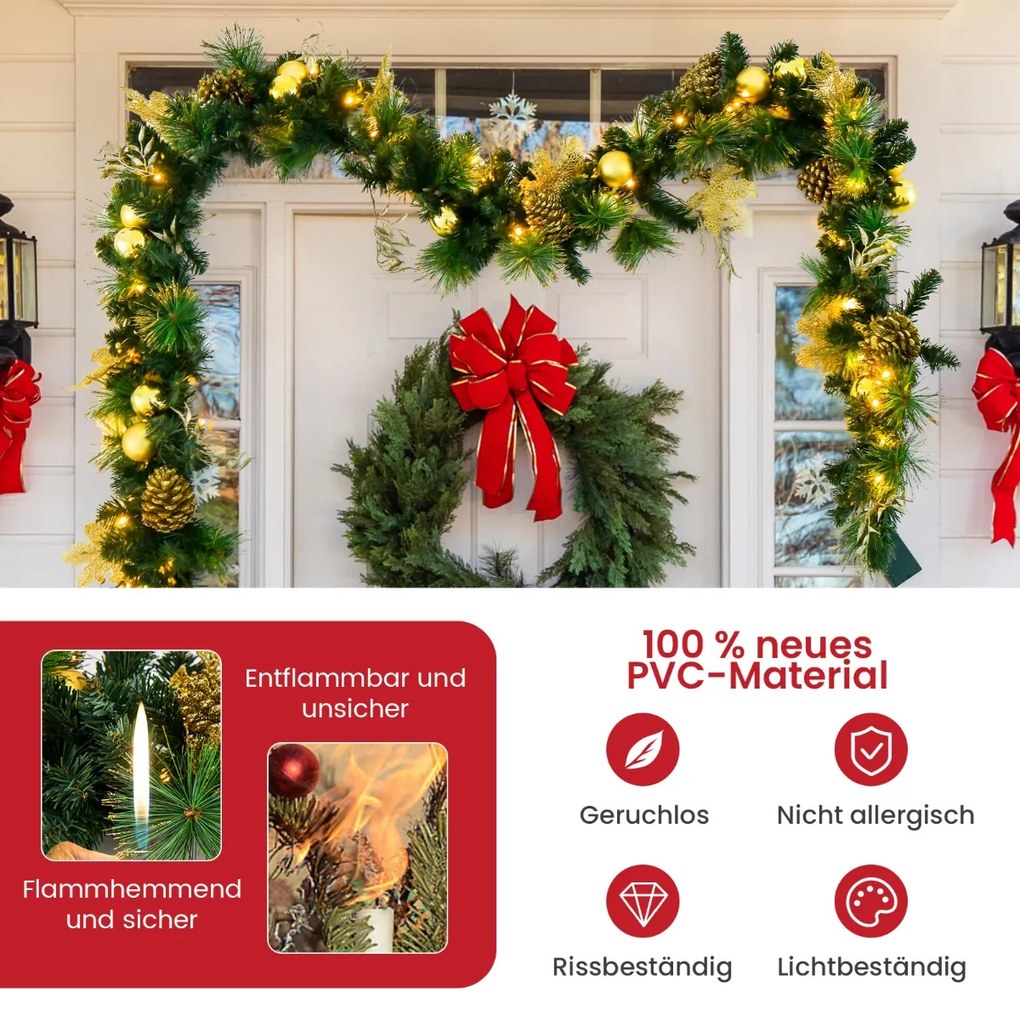 Guirlanda de Natal artificial de 60 cm com 35 LEDs brancos quentes, pinhas e frutas vermelhas