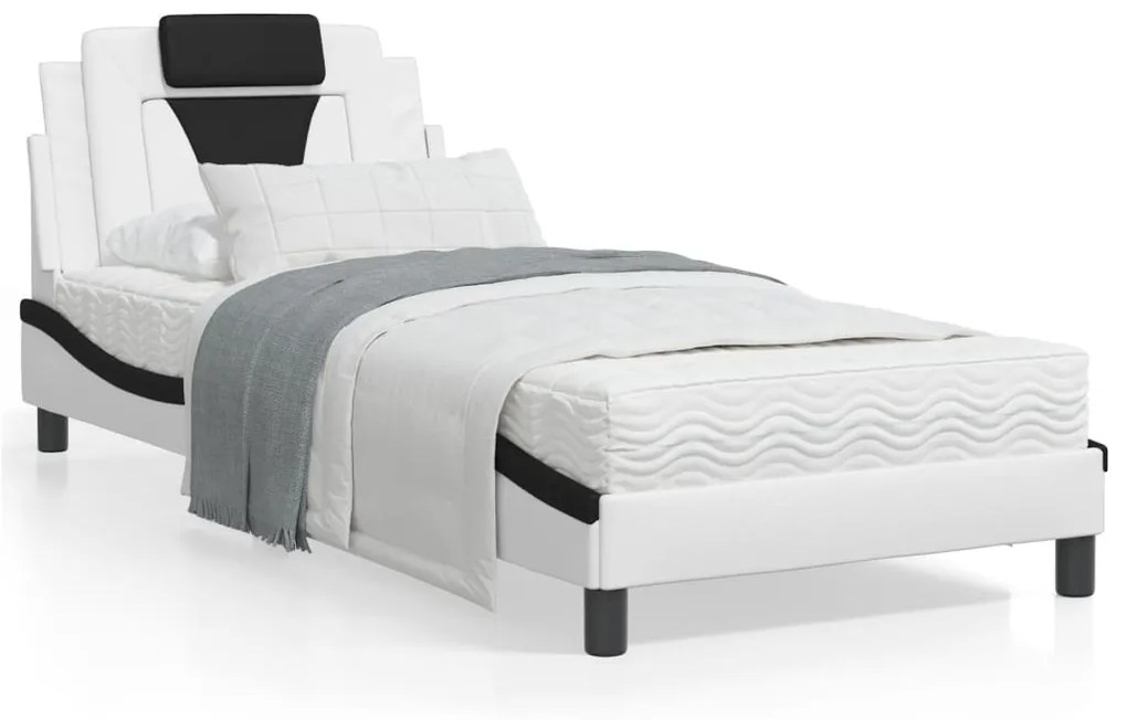 vidaXL Estrutura cama c/ luzes LED 90x200cm couro artif. branco/preto