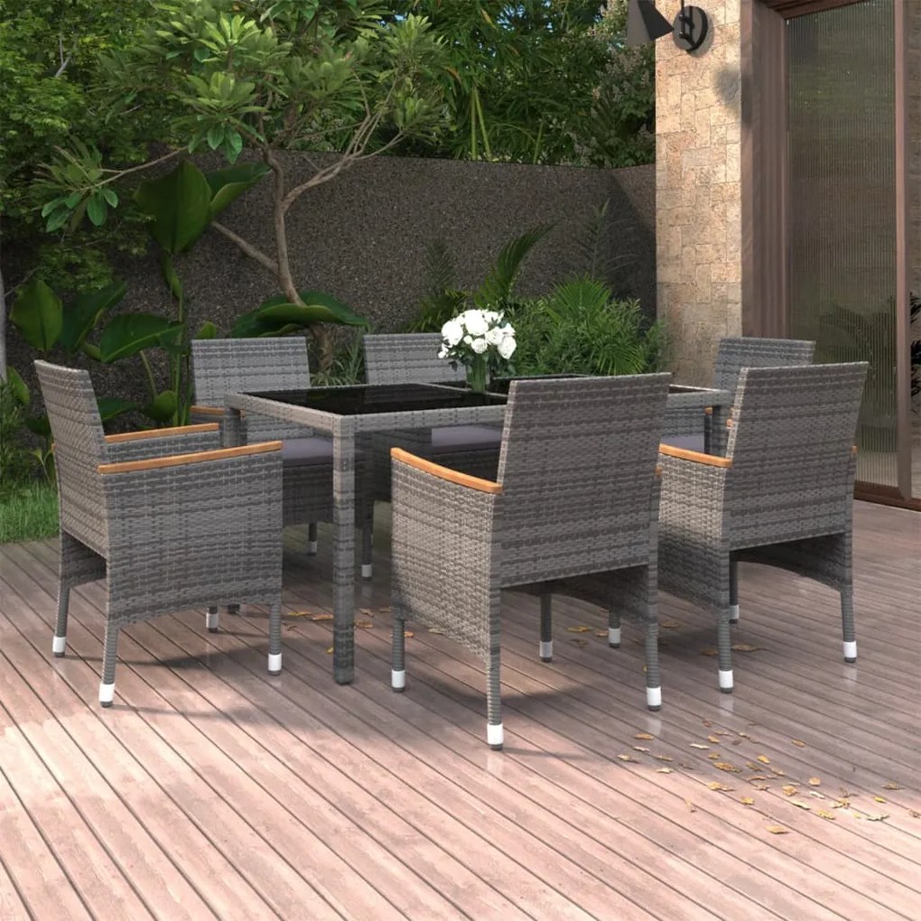 vidaXL 7 pcs conjunto jantar p/ jardim vime PE e vidro temperado cinza