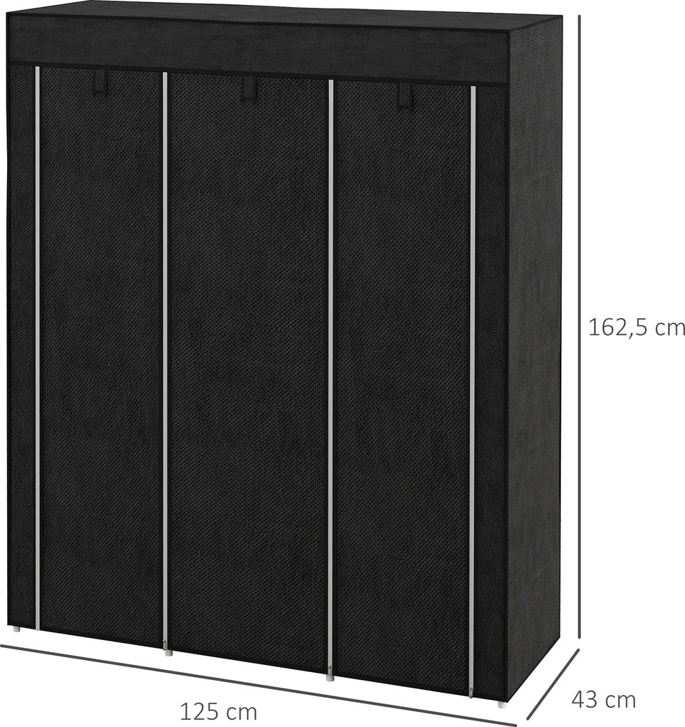 Guarda roupa com várias opções de arrumação 125 L x 43 P x 162,5 A cm - 8 prateleiras, 2 varões - tecido não tecido preto