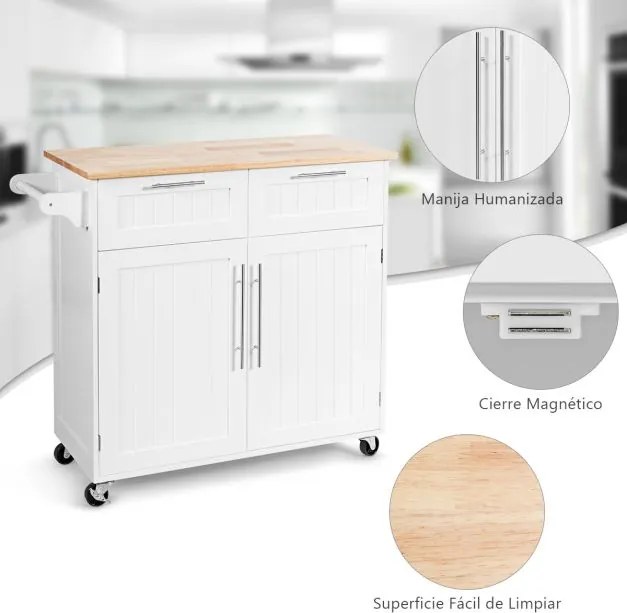 Ilha de Cozinha "Lund" – Carro de Serviço com Gavetas, Armários e Roda