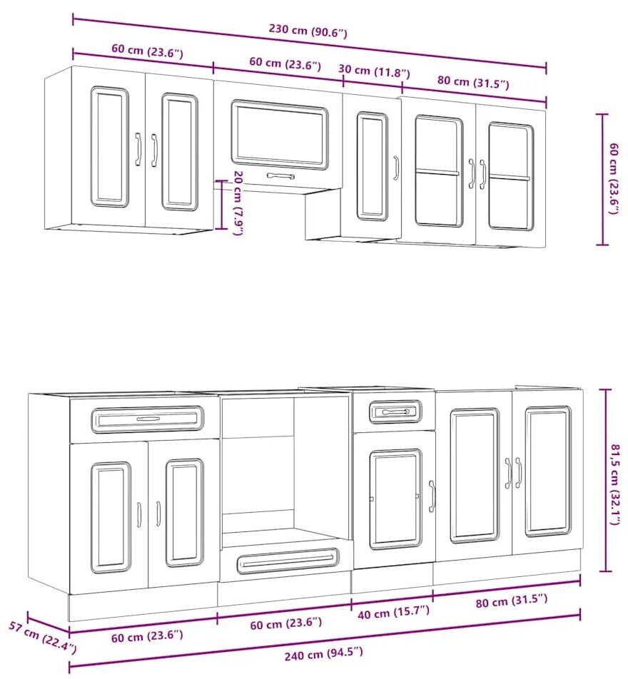 8 peças armário de cozinha conjunto Kalmar branco brilhante