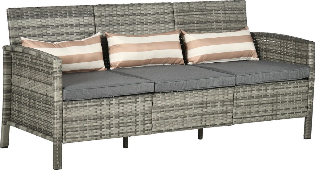 Outsunny Sofá de rattan com almofadas, 3 lugares, Sofá lounge para jardim, Aço, Cinza, 173 x 68 x 78 cm | Aosom Portugal