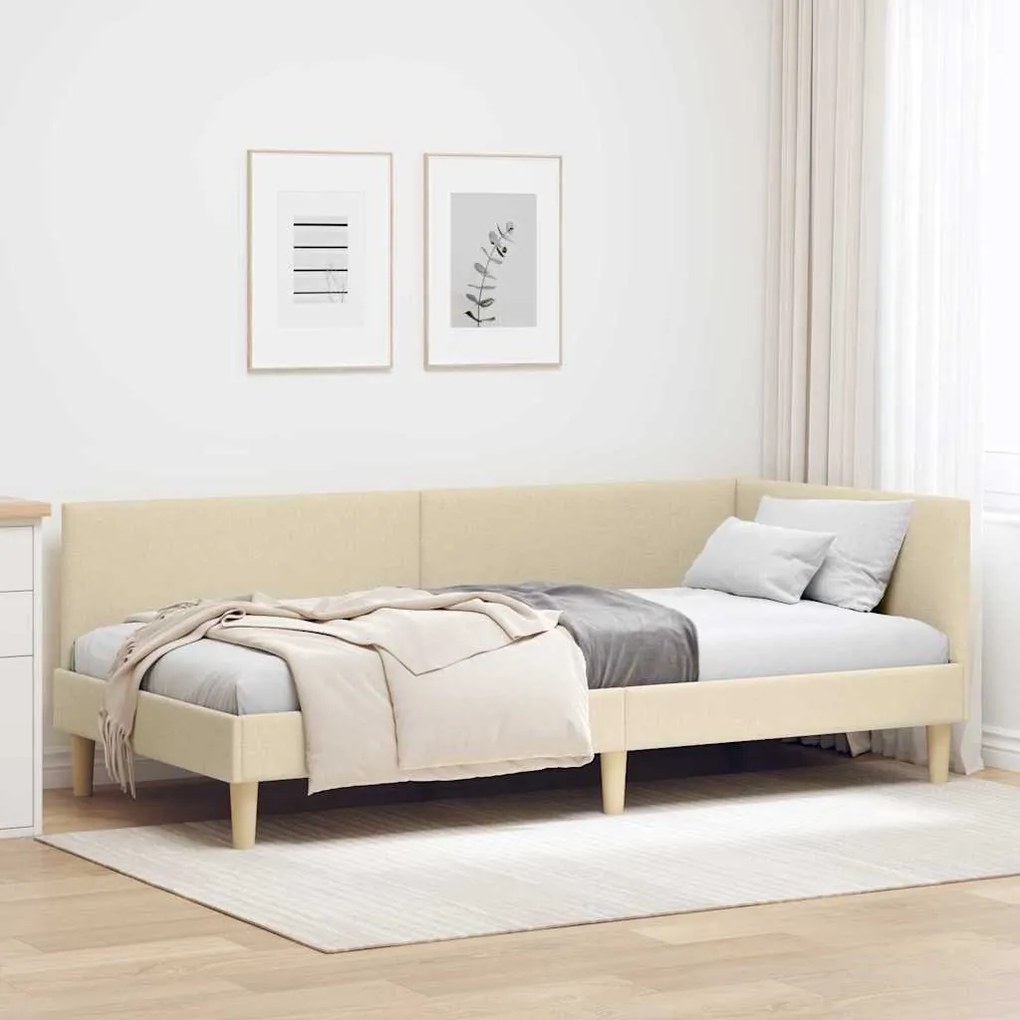 vidaXL Estrutura de Cama de Canto com cabeceira Creme 90 cm x 190 cm
