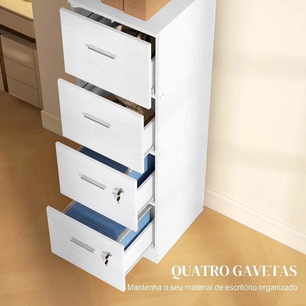 Bloco Gavetas de Escritório com 4 Gavetas Fechadura e Suportes Ajustáveis para Documentos A4 e Letter Branco 40x42x130,8 cm Branco