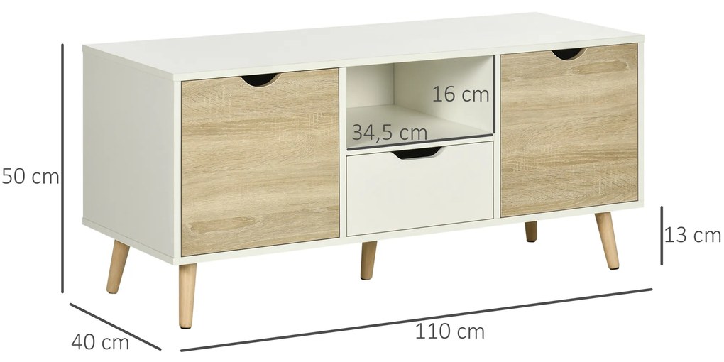 HOMCOM Móvel de TV com Gaveta 2 Portas e Prateleira Mesa de TV para Televisores de até 50 Polegadas Aparador de Sala de Estar 110x40x50cm Branco e Madeira