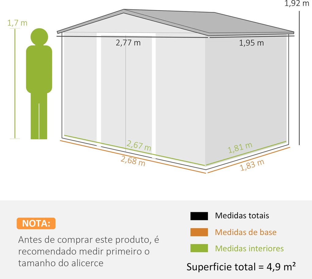 Abrigo de Jardim 277x195x192 cm Metálico para Armazenamento de Ferramentas Cinzento