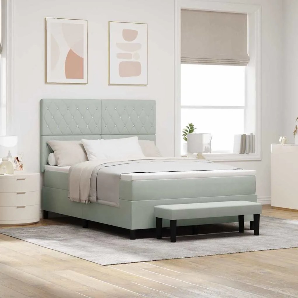 Cama Box Spring com Colchão e Banco Cinza Claro 140x190 cm Veludo