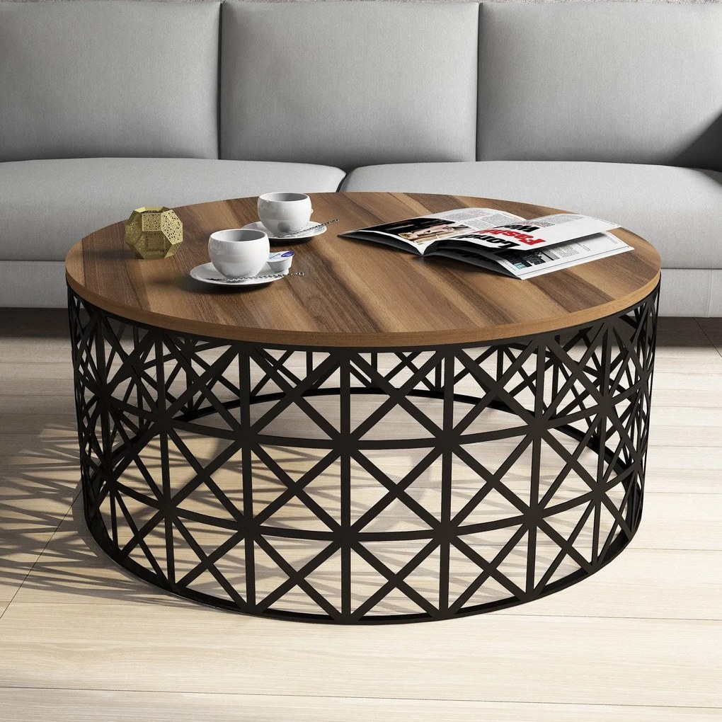 Mesa de Centro Selin Metal Ferforje – Nogueira/Preto – 90x90x38 cm