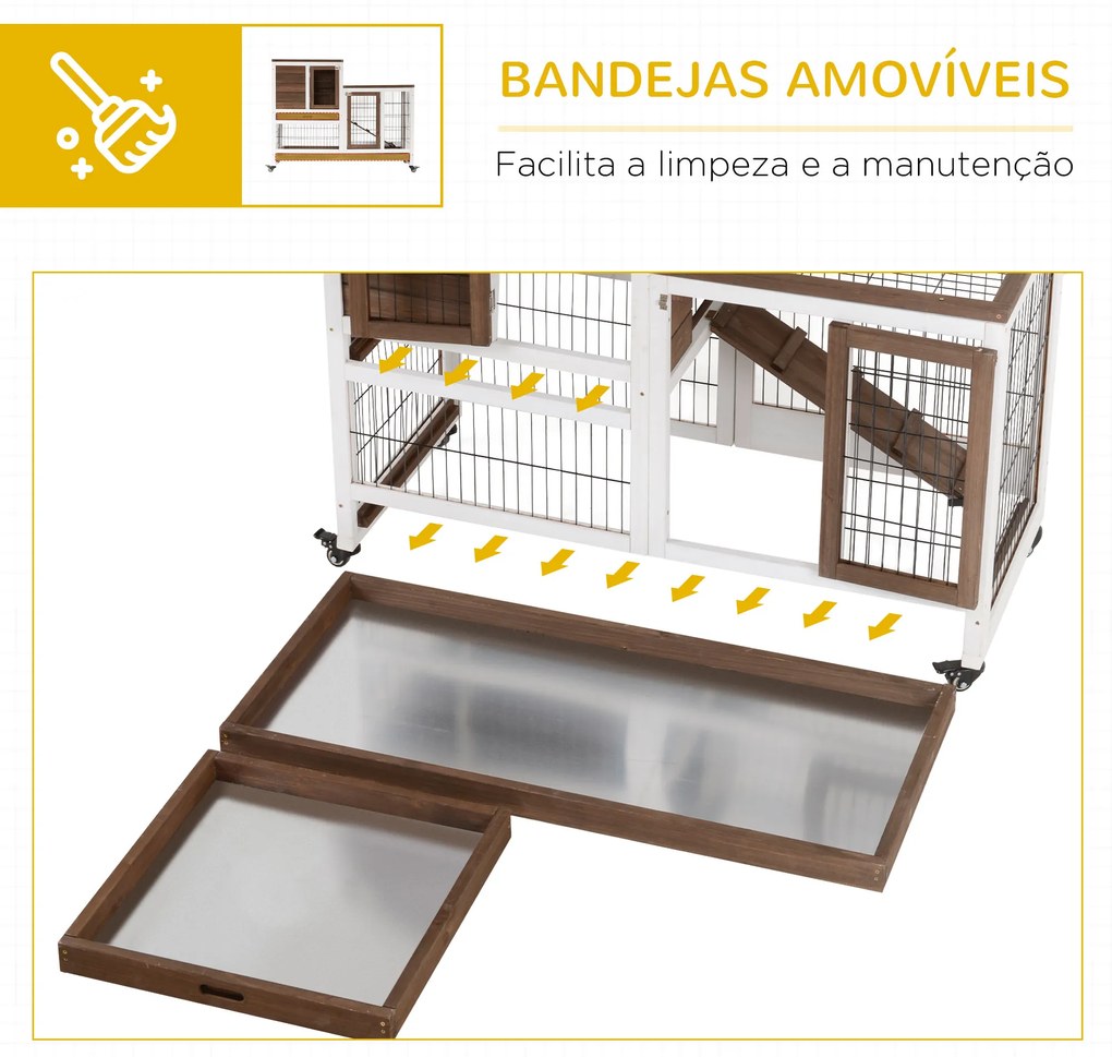 Coelheira de Madeira Interior com Rodas Gaiola para Coelhos Animais Pequenos de 2 Pisos com Área Aberta Rampa e 2 Bandejas Removíveis 110x50x86cm Marr