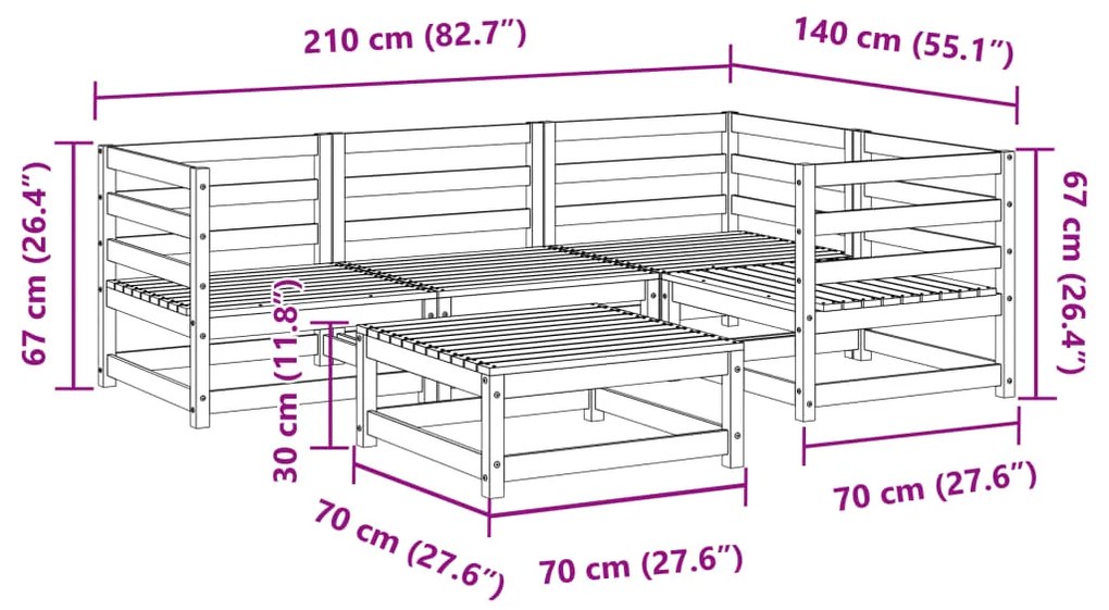 5 pcs conjunto de sofás para jardim madeira de pinho maciça