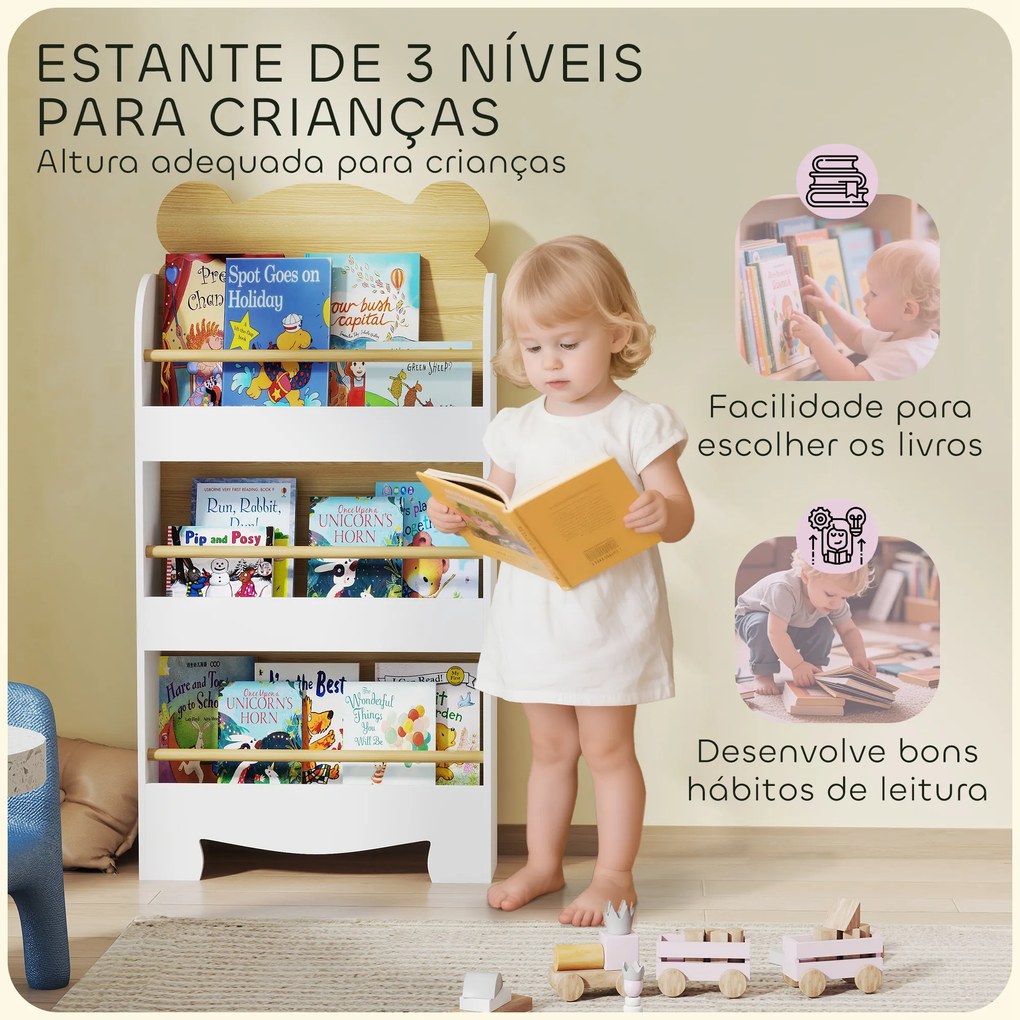 Estante Infantil de 3 Níveis Estante para Livros Infantil Desenho de Ursinho 55x15x110 cm Branco e Madeira