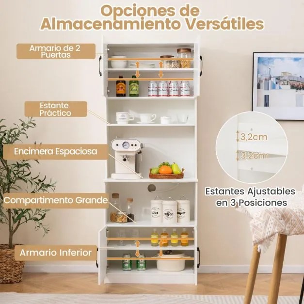 Armário de cozinha 64,5 x 38 x 168 cm com estação de carregamento integrada com 4 portas, 2 prateleiras ajustáveis e bancada para micro-ondas, branco