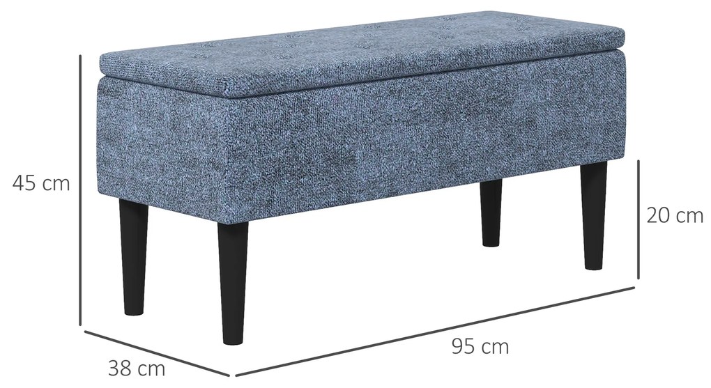 Banco de Armazenamento de Quarto Capacidade 47L Tampa Abatível e Pés de Madeira de Borracha Carga 120 kg 95x38x45 cm Azul