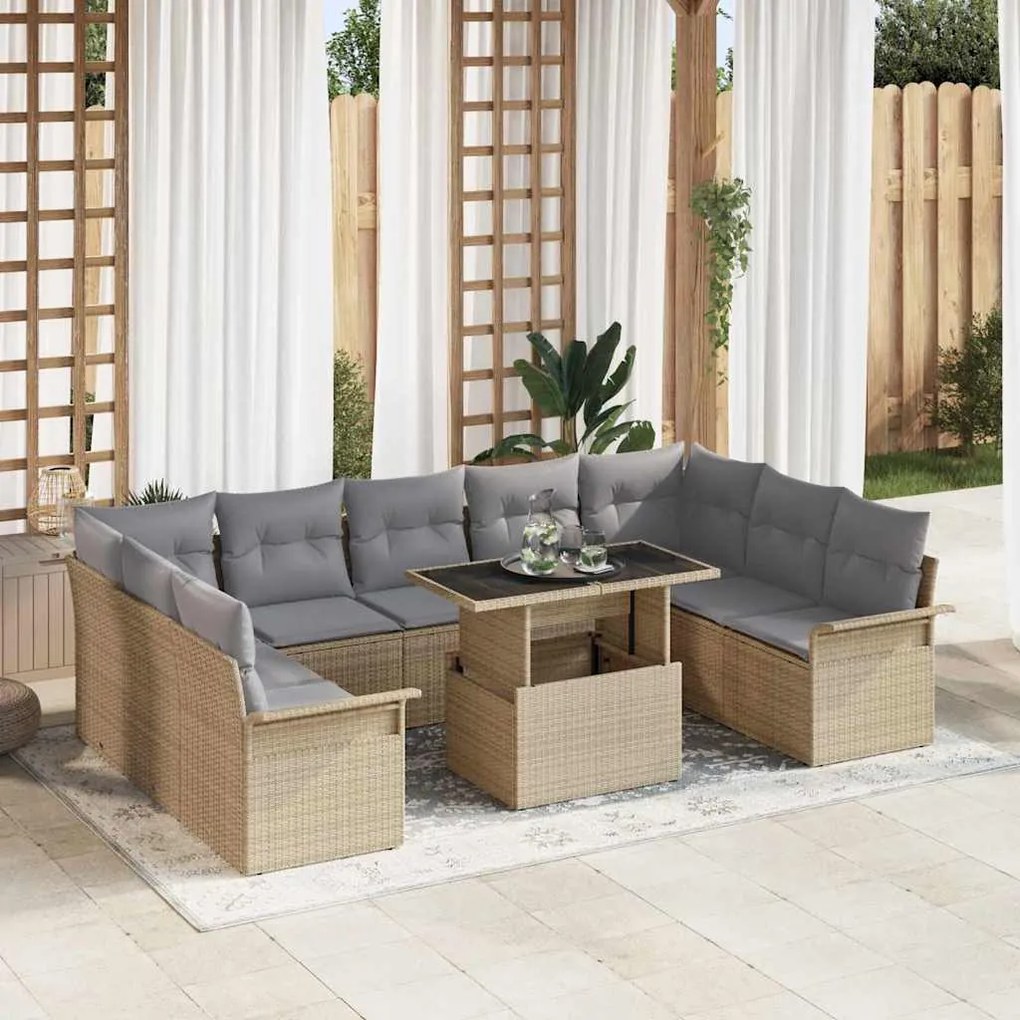 vidaXL Conjunto de Sofá de Jardim com 10 Peças e Almofadas Beijinhas em Rattan Sintético