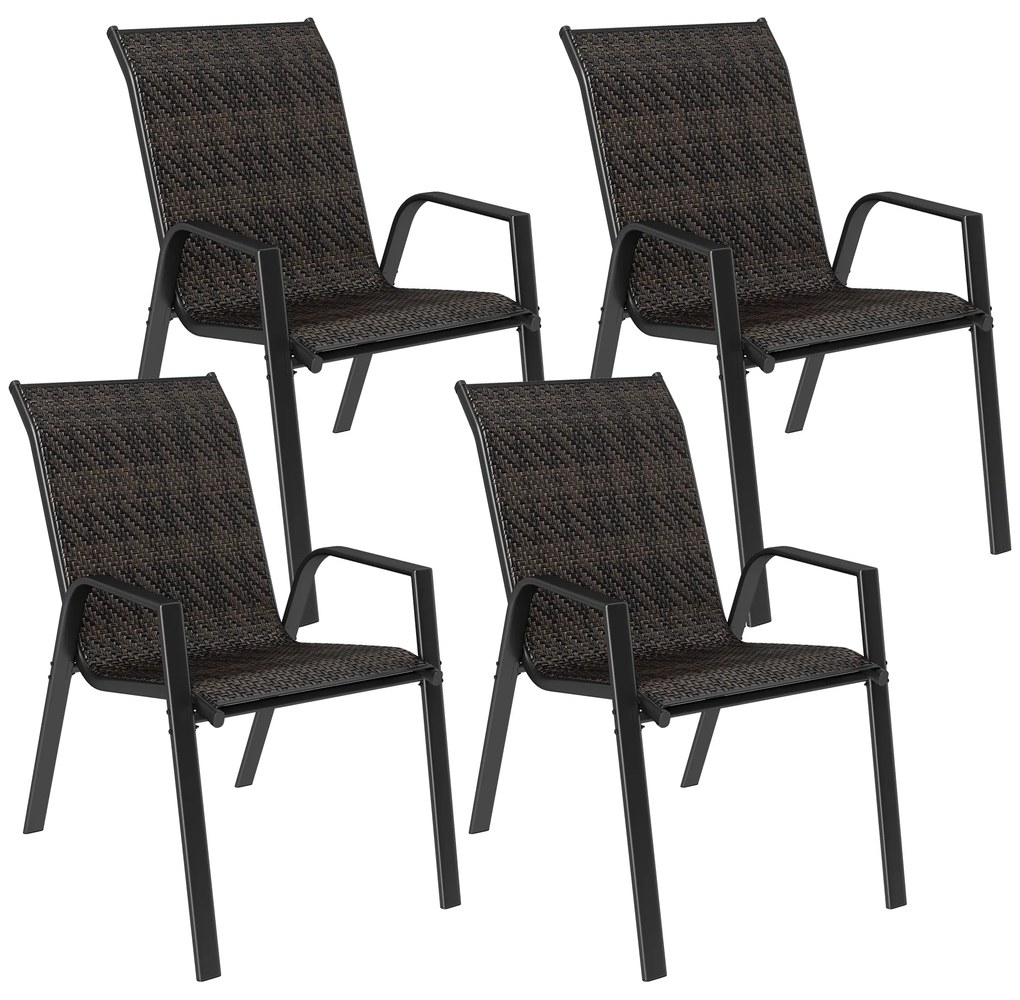 Outsunny Conjunto de 4 Cadeiras de Jardim Empilháveis Cadeira de Exterior com Braços e Revestimento em Resina Trançada Marrom | Aosom Portugal