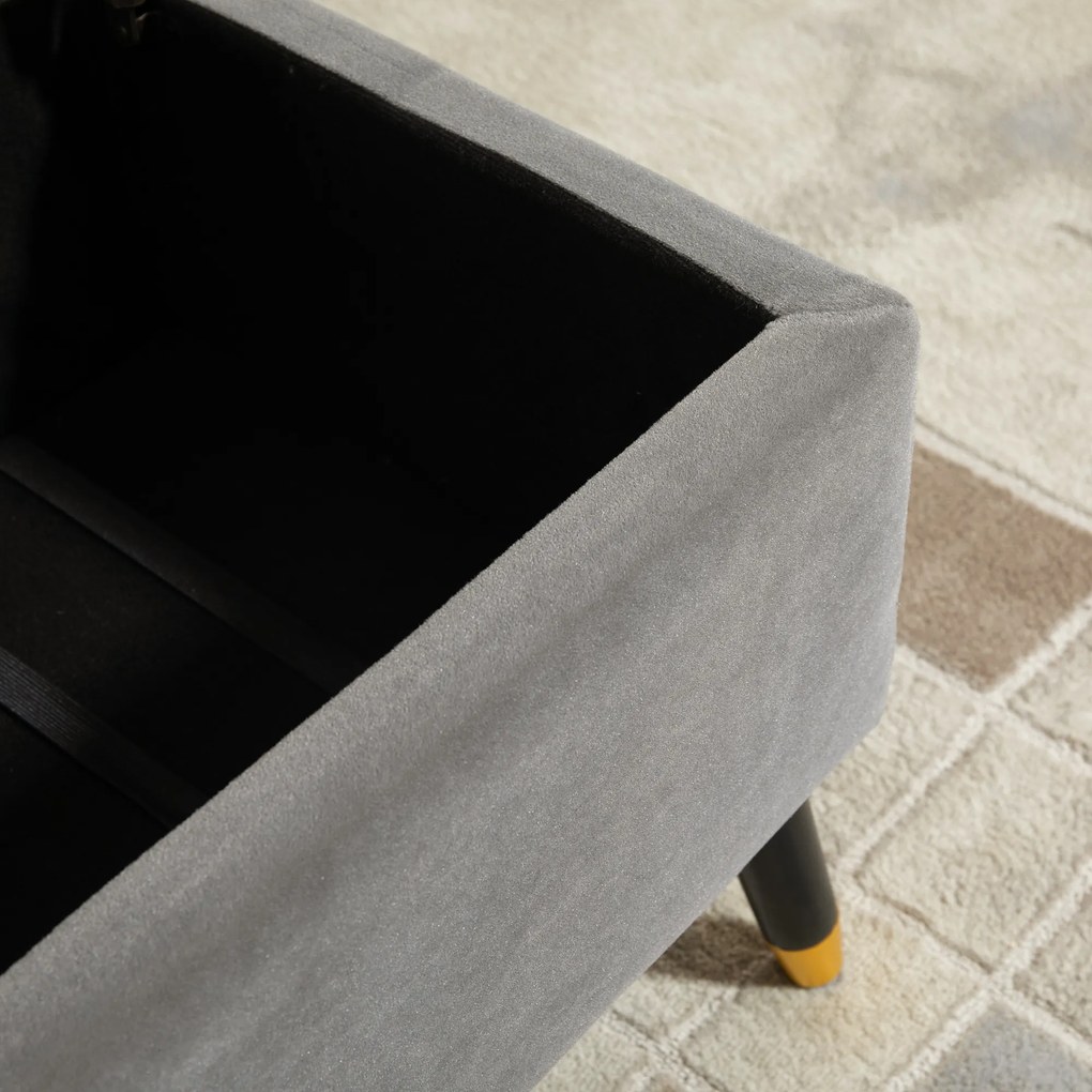 HOMCOM Banco de Armazenamento com Tampa Puff Estofado em Veludo com Assento Acolchoado e Pés de Madeira para Dormitório Entrada 110x43x45cm Cinza