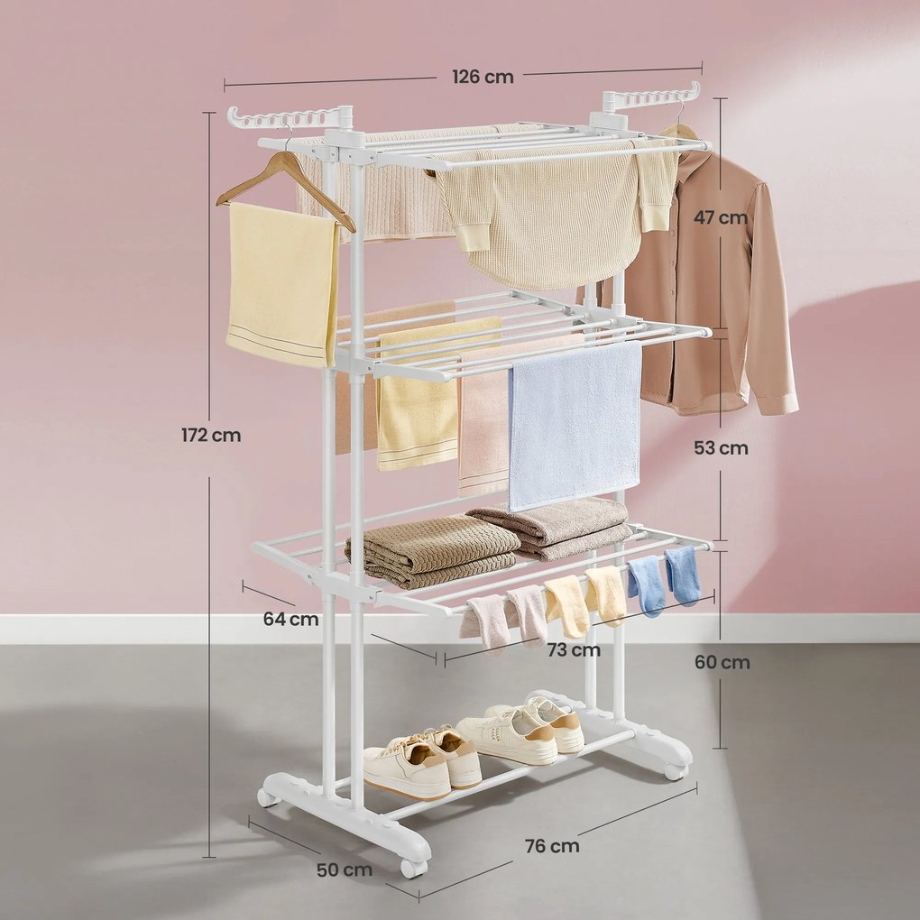 Estendal de roupa com 4 níveis, com abas dobráveis e rodas 63,5 x 128 x 173 cm branco nuvem