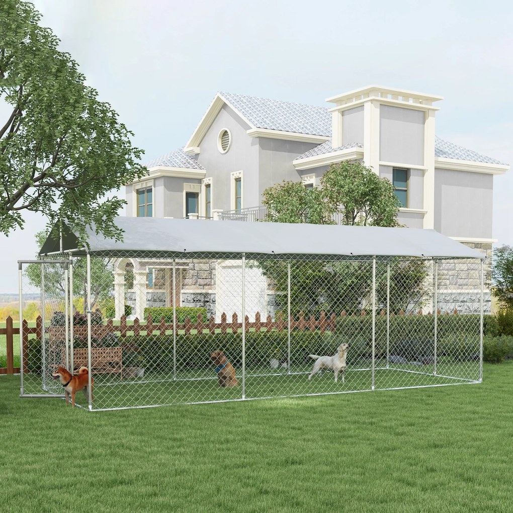 Canil de Exterior para Cães Parque para Cães com 1 Porta Estrutura de Aço Toldo Impermeável e Anti-UV 600x230x230 cm Prateado