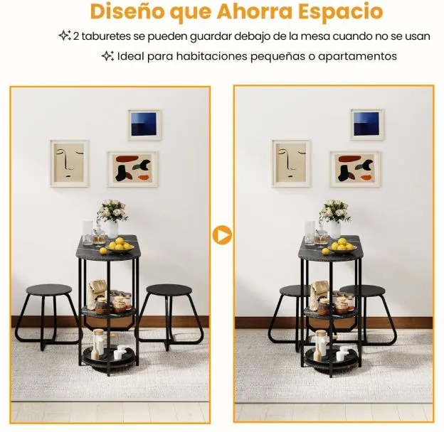 Conjunto de mesa de jantar de madeira e metal e 2 bancos com Prateleiras Armazenamento para Espaços pequenos Preto
