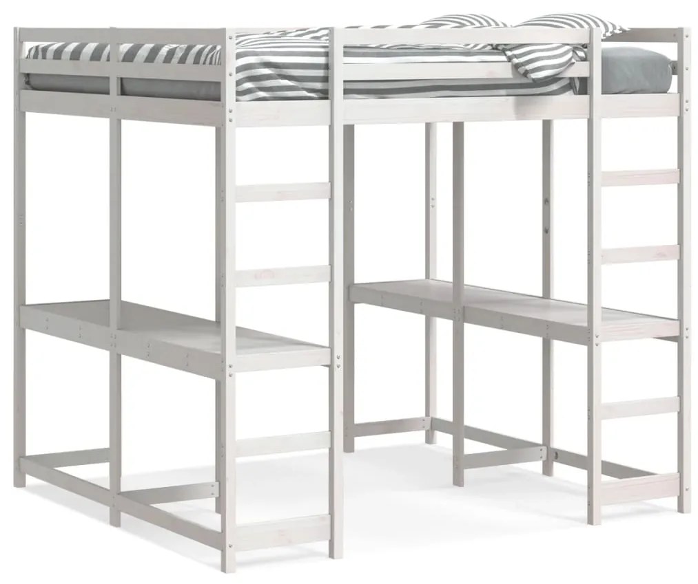 Cama alta c/ secretária e escada 200x200 cm pinho maciço branco