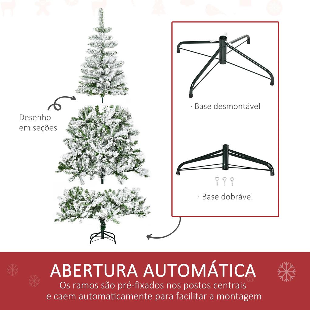 Árvore de Natal Artificial 180cm com Neve Ignífugo com 750 Ramos Folhas de PVC Abertura Automática Base Dobrável e Suporte Metálico Decoração de Natal