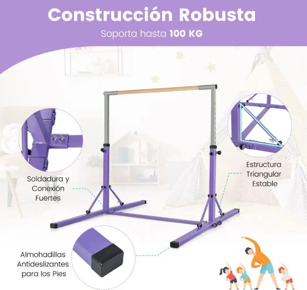 Barra de ginástica infantil dobrável com 13 alturas ajustáveis Estrutura triangular para ginásio em casa Carga 100 kg Roxo