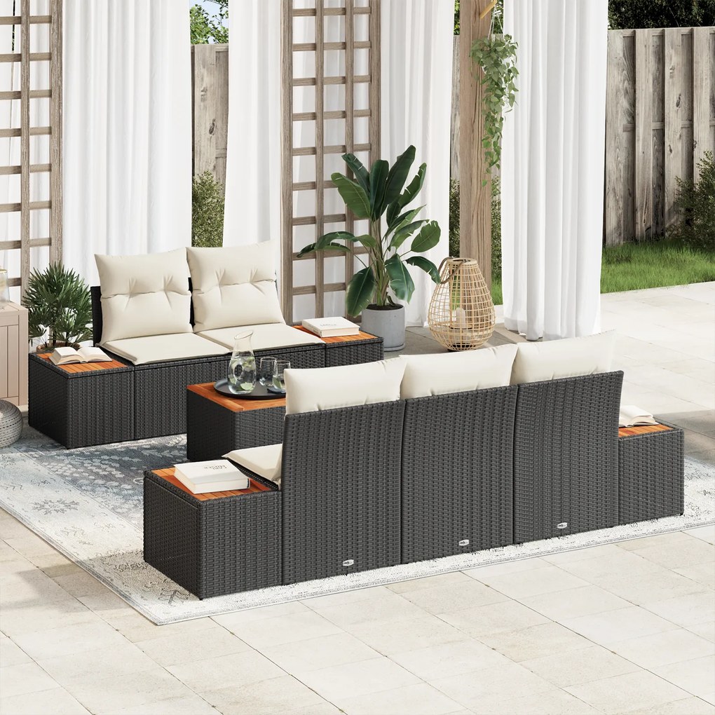Conjunto de Sofás Jardim vidaXL de 6 Peças com Almofadas Preto Vime Poliéster Acácia