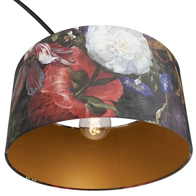 Candeeiro de Arco Preto com Abajur de Veludo Design Floral 50 cm - XXL Moderno