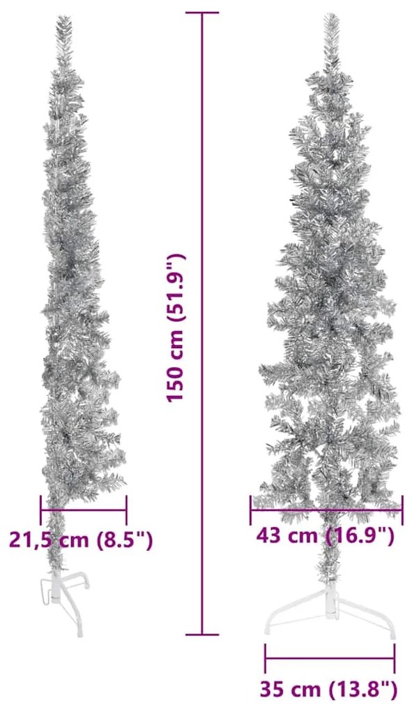 Meia árvore de Natal fina com suporte 150 cm prateado