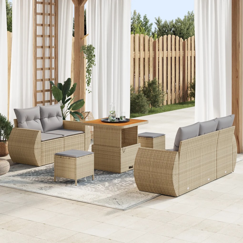 Conjunto de Sofá de Jardim 8 Peças com Almofadas Bege Rattan Poliéster Acácia
