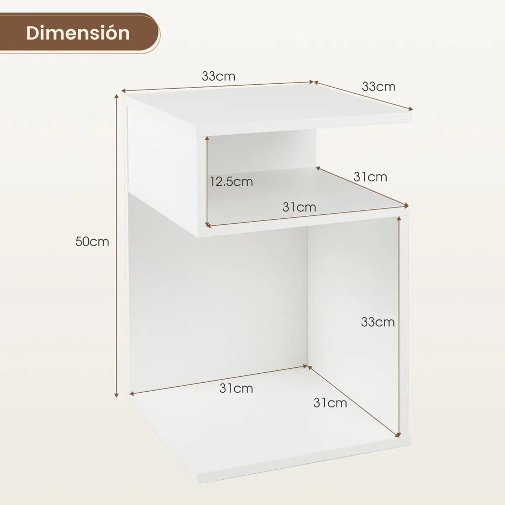 Mesa de cabeceira Mesa lateral em forma de S Sofá Mesa com 2 compartimentos abertos para sala 33 x 33 x 50 cm Branco