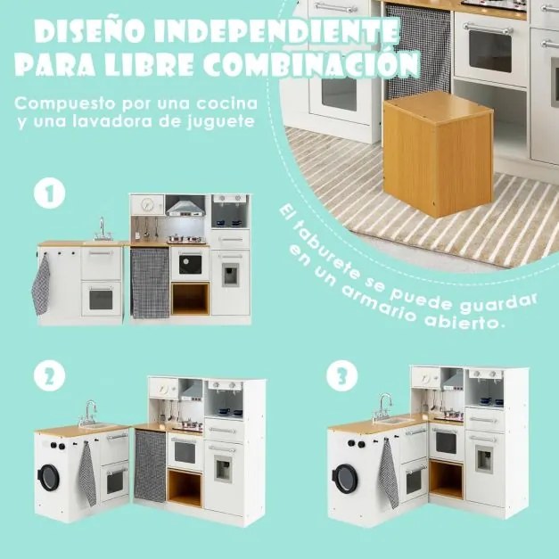 Cozinha de brincar 79 x 29 x 81 cm com sons e luzes realistas, lava-loiça, placas de cozedura e acessórios modernos para crianças com mais de 3 anos,