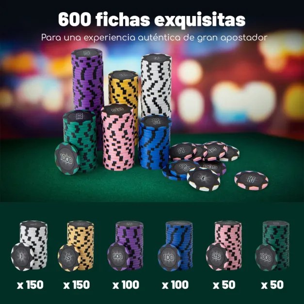 Conjunto de 600 fichas de póquer com estojo 6 baralhos de cartas 5 dados e 3 botões do dealer Sapato de cartas de feltro para póquer Preto