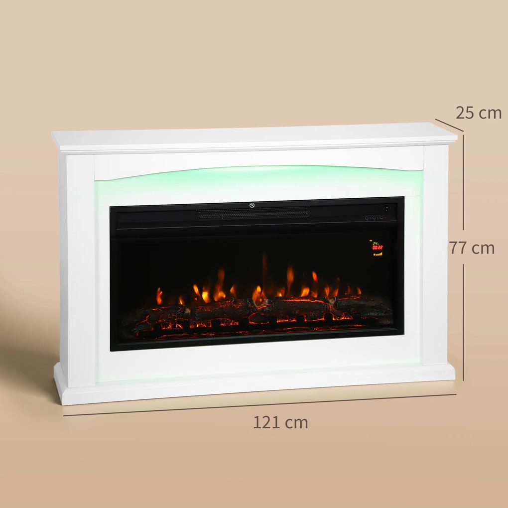 Lareira elétrica de 1000 W/2000 W 121 x 25 x 77 cm, lareira decorativa, efeito de chama com 5 níveis de luminosidade ajustáveis, branca