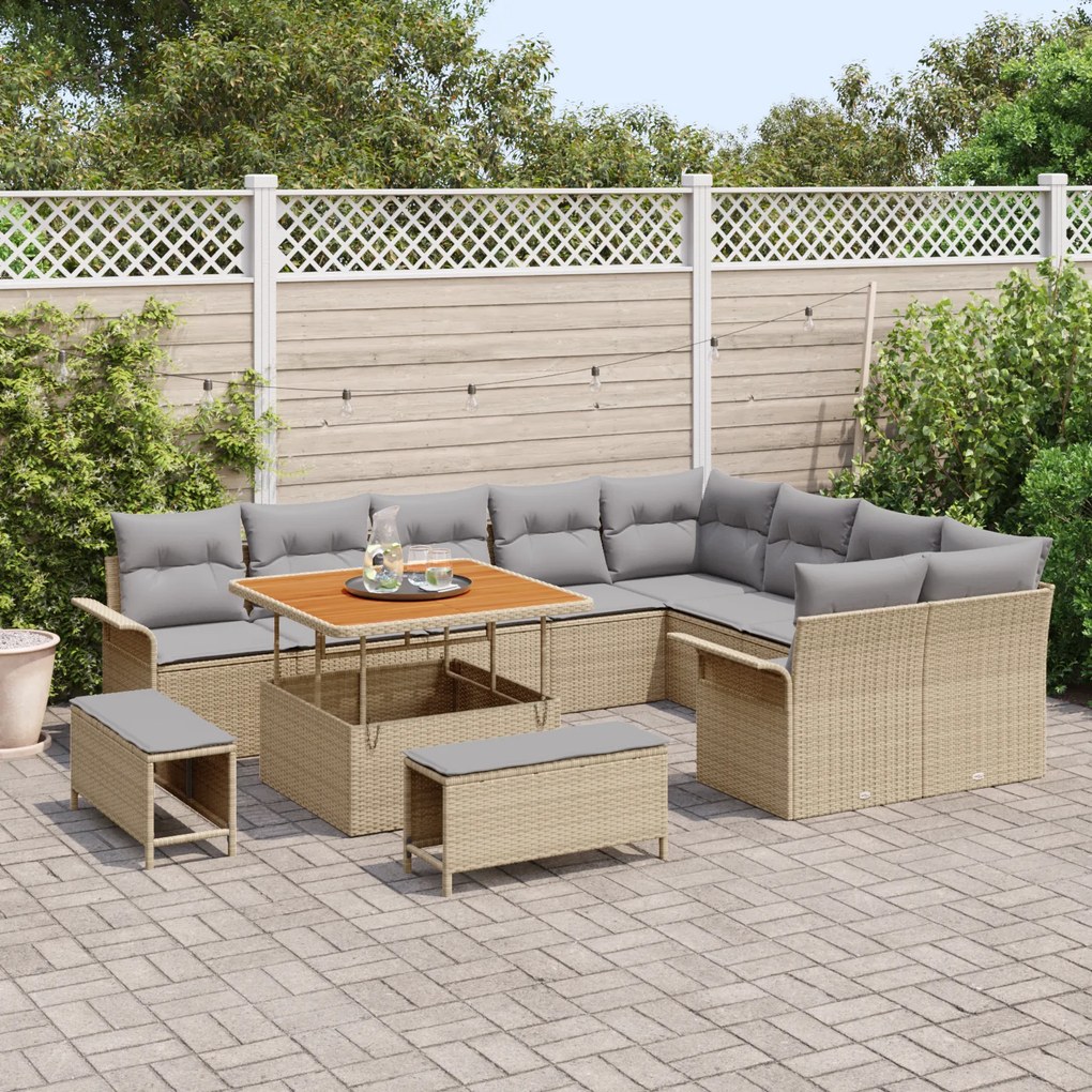 Conjunto de Sofá de Jardim vidaXL 12 Peças com Almofadas Bege Rattan S